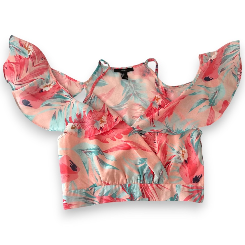 FOREVER 21 Tropical Floral Off-Shoulder Cropped Top S